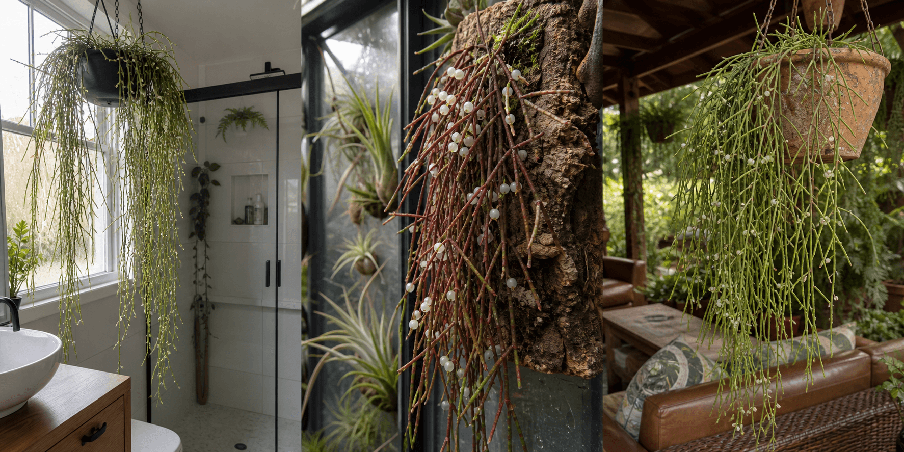 Mistletoe cactus shown in three settings: Executive office shelf, Living room hanging planter, Glass conservatory display