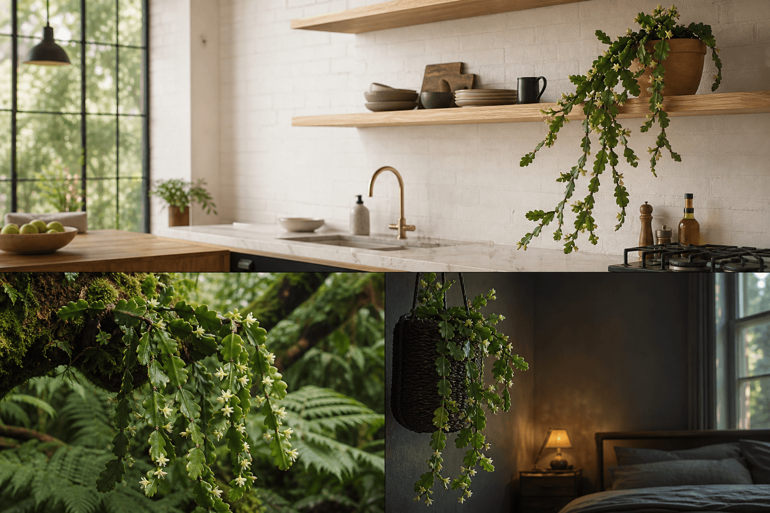Crispata mistletoe cactus shown in three settings: Executive office shelf, Living room hanging planter, Glass conservatory display