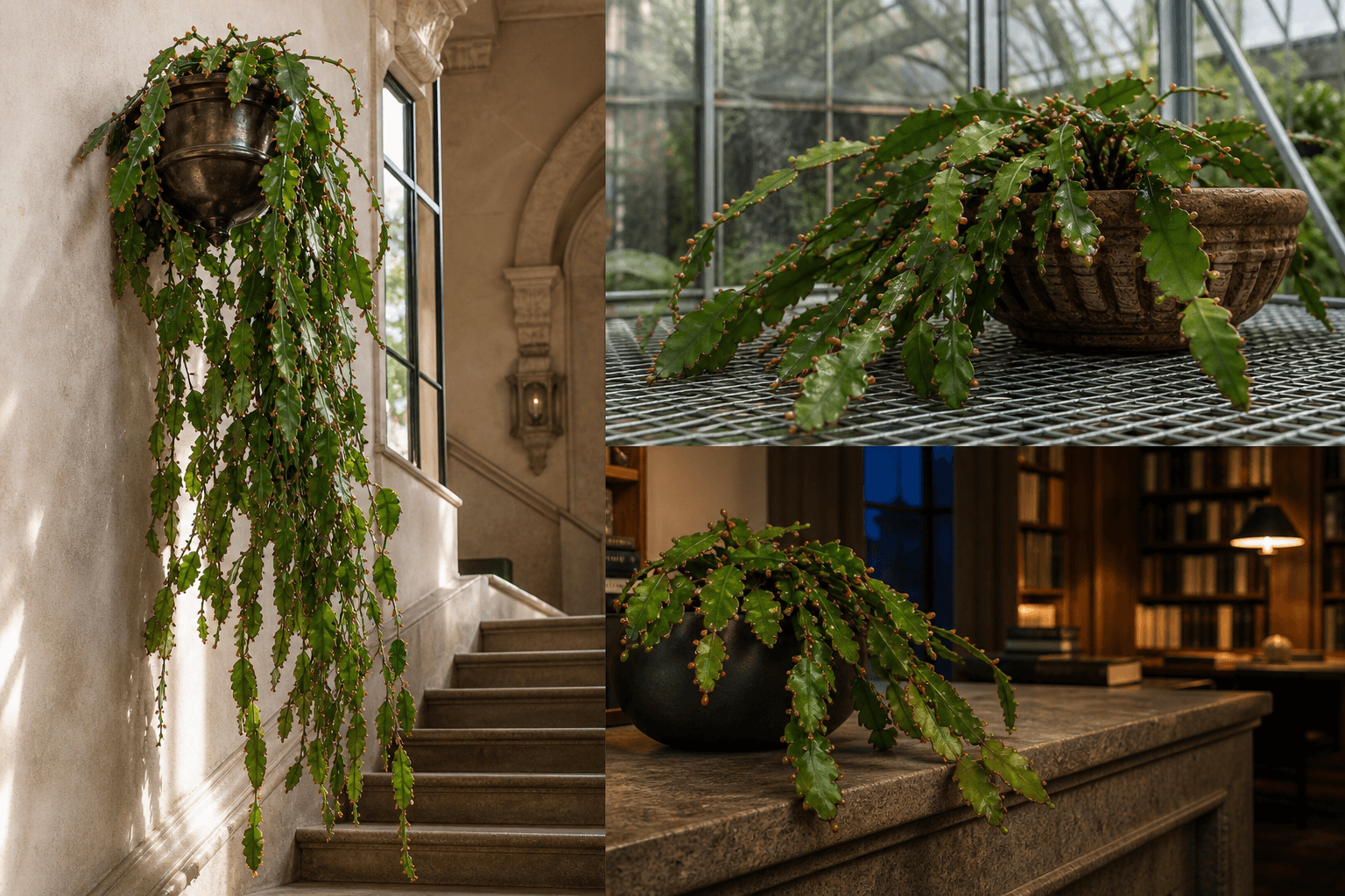 Elliptica mistletoe cactus shown in three settings: Executive office shelf, Living room hanging planter, Glass conservatory display