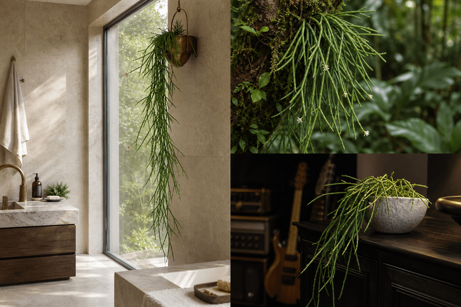 Floccosa mistletoe cactus shown in three settings: Executive office shelf, Living room hanging planter, Glass conservatory display