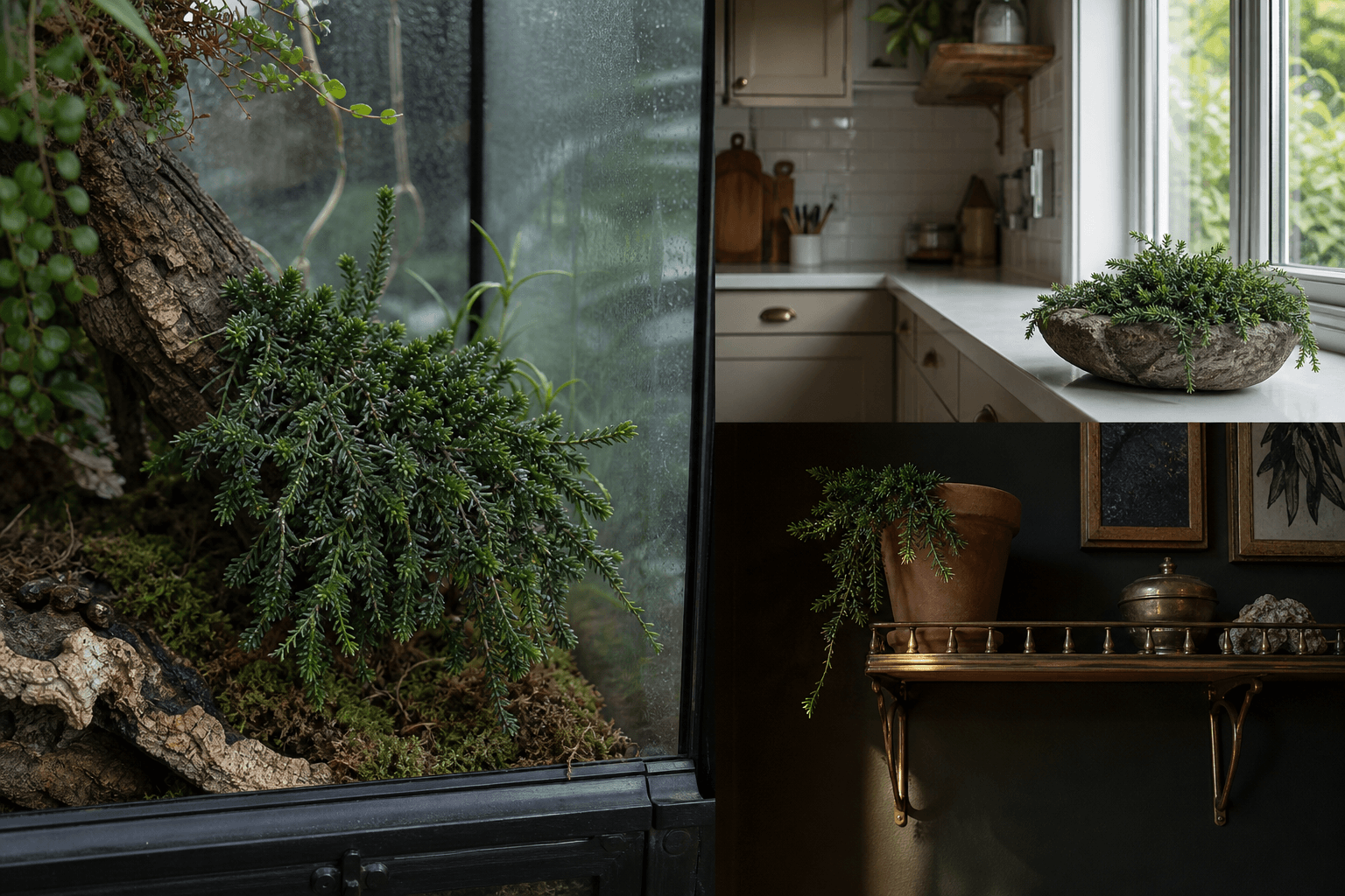 Mesembryanthemoides mistletoe cactus shown in three settings: Executive office shelf, Living room hanging planter, Glass conservatory display