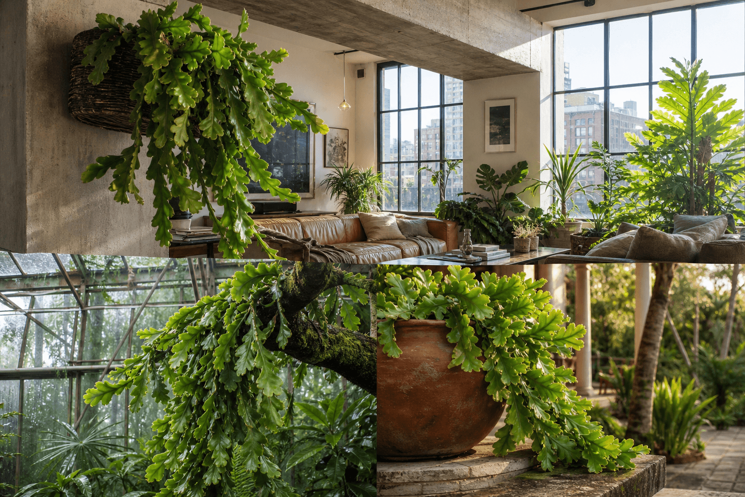 Oblonga mistletoe cactus shown in three settings: Executive office shelf, Living room hanging planter, Glass conservatory display