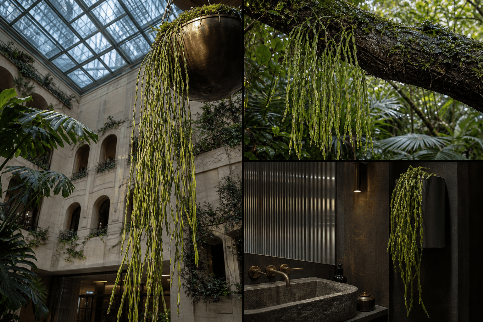 Paradoxa mistletoe cactus shown in three settings: Executive office shelf, Living room hanging planter, Glass conservatory display