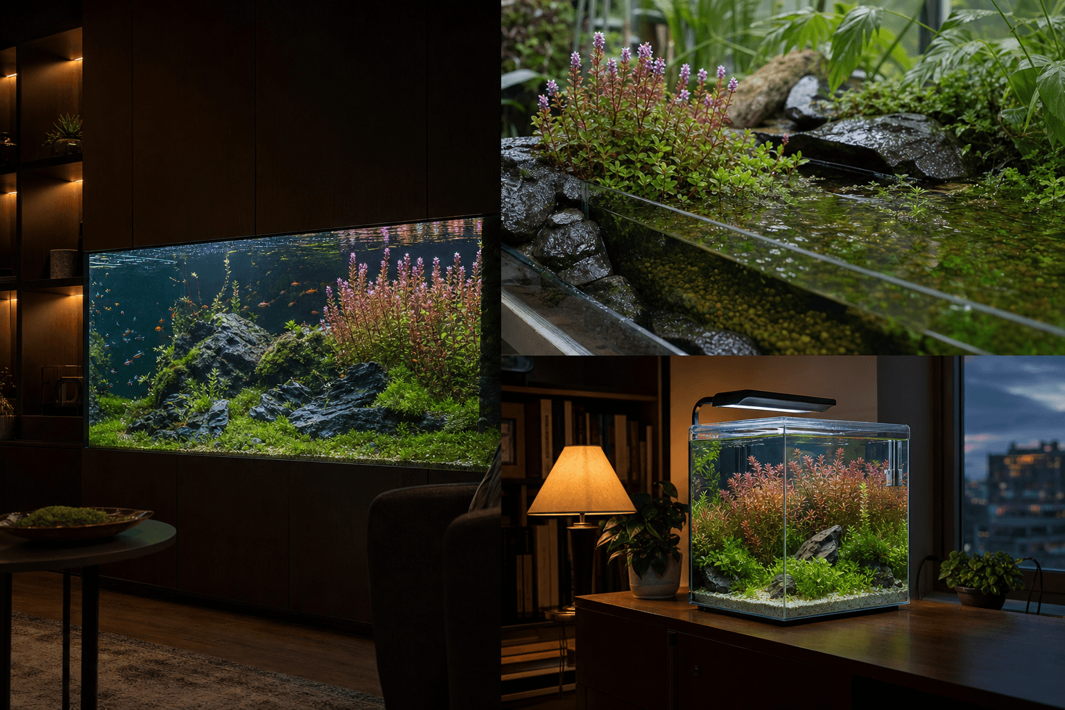 Rotundifolia aquatic stem plant shown in three settings: Designer aquarium, Architectural water feature, Conservatory pond