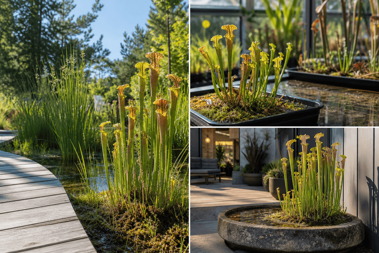 Flava North American pitcher plant shown in three settings: Executive office, Refined living room, Bright conservatory
