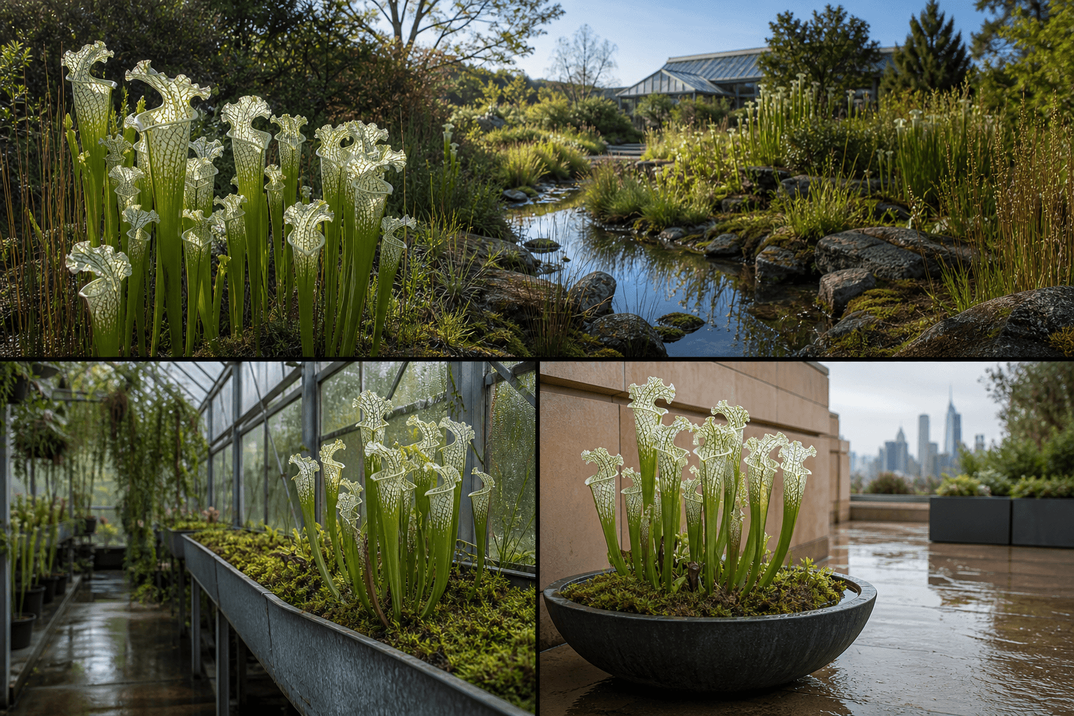 Leucophylla North American pitcher plant shown in three settings: Executive office, Refined living room, Bright conservatory