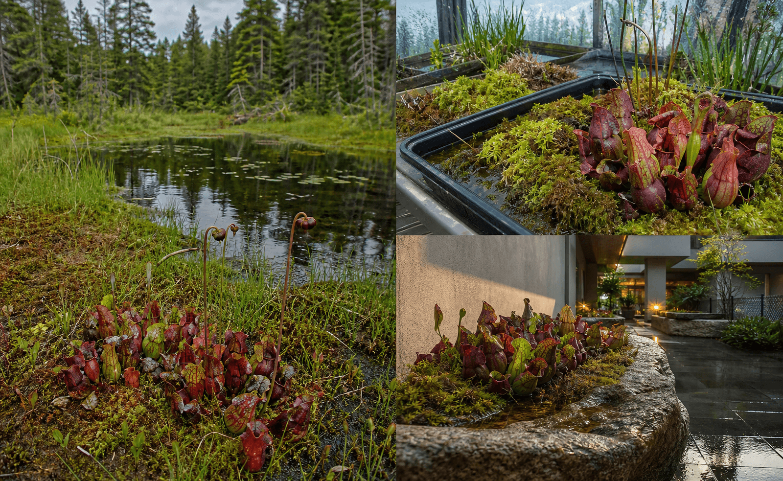 Purpurea North American pitcher plant shown in three settings: Executive office, Refined living room, Bright conservatory