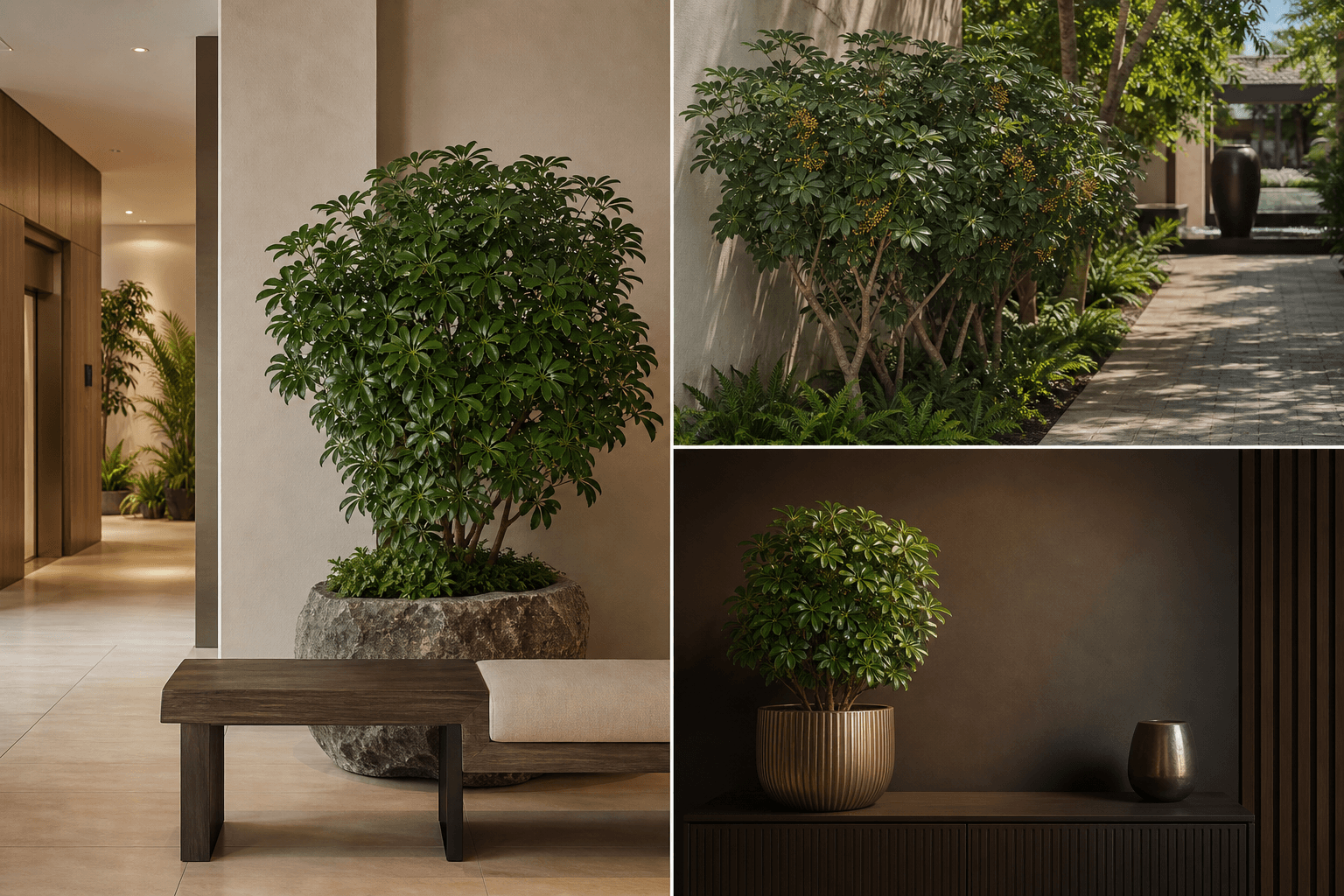 Dwarf Umbrella Tree shown in three settings: Executive office, Refined living room, Bright conservatory