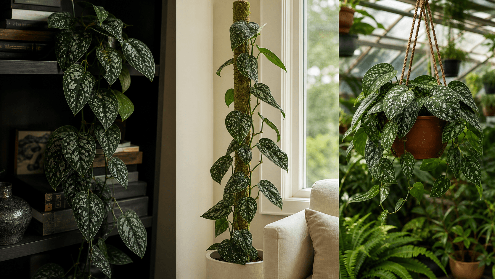 Scindapsus ‘Mount Salak’ shown in three settings: Executive office shelf, Living room hanging planter, Glass conservatory display