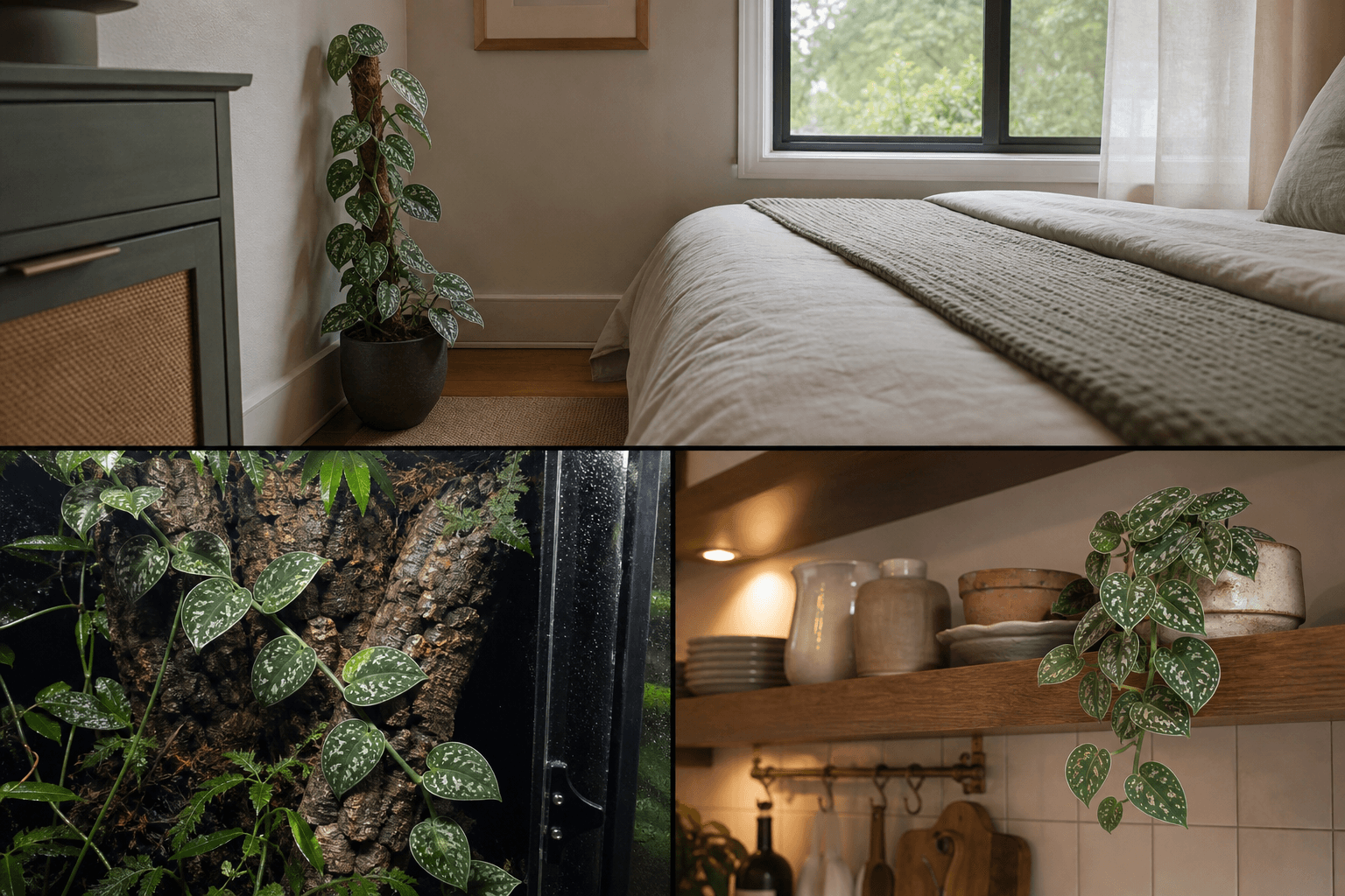 Satin Pothos shown in three settings: Living room trellis, Architectural entryway support, Conservatory wall