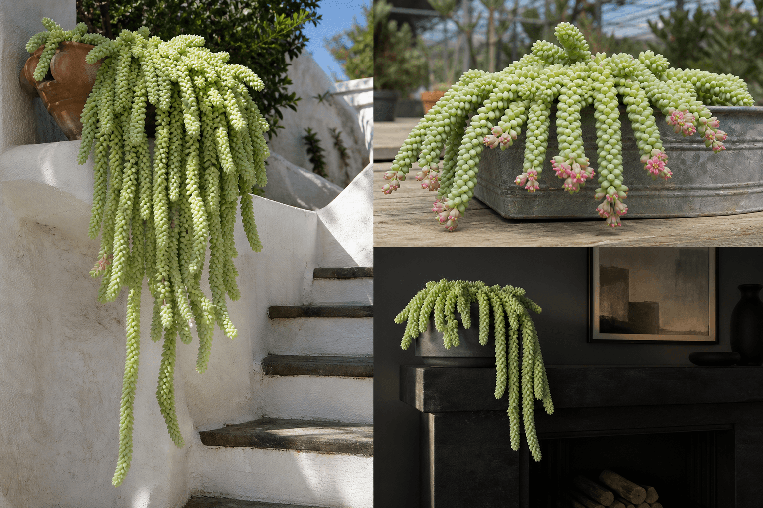 Morganianum stonecrop shown in three settings: Executive office shelf, Living room hanging planter, Glass conservatory display