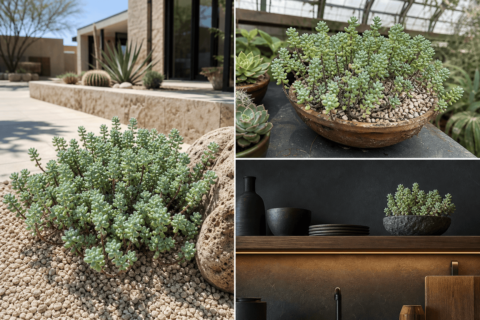 Pachyphyllum stonecrop shown in three settings: Executive office, Refined living room, Bright conservatory