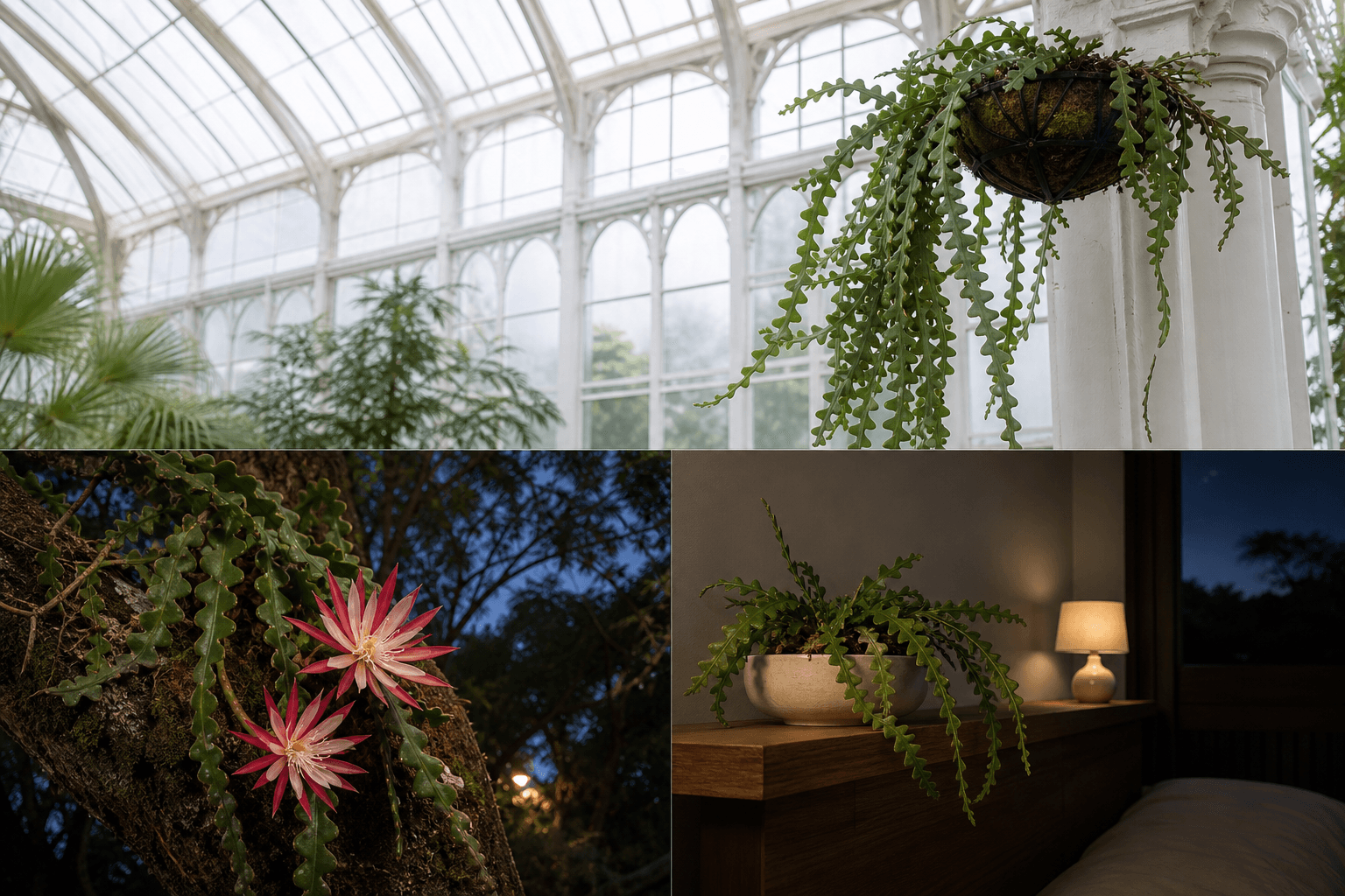 Anthonyanus fishbone cactus shown in three settings: Executive office shelf, Living room hanging planter, Glass conservatory display