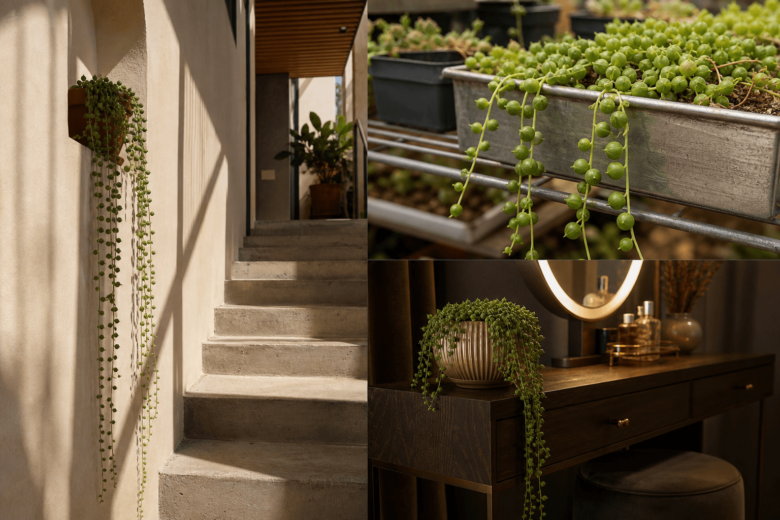 Rowleyanus string succulent shown in three settings: Executive office shelf, Living room hanging planter, Glass conservatory display