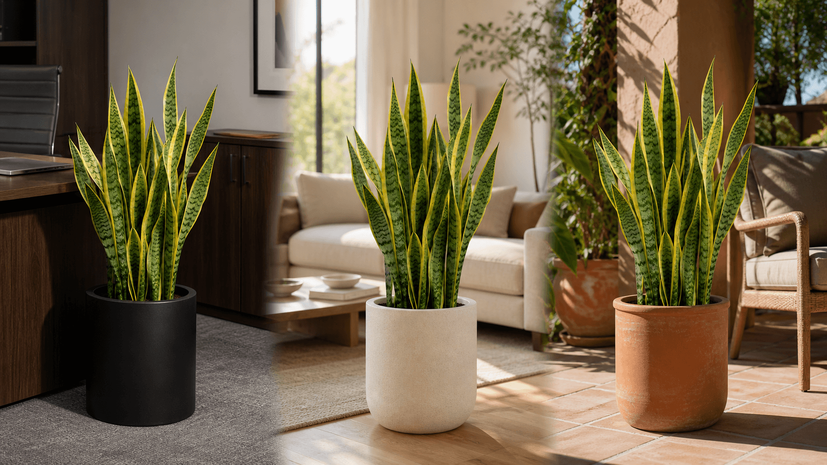 Snake Plant Laurentii shown in three settings: Executive office, Refined living room, Bright conservatory
