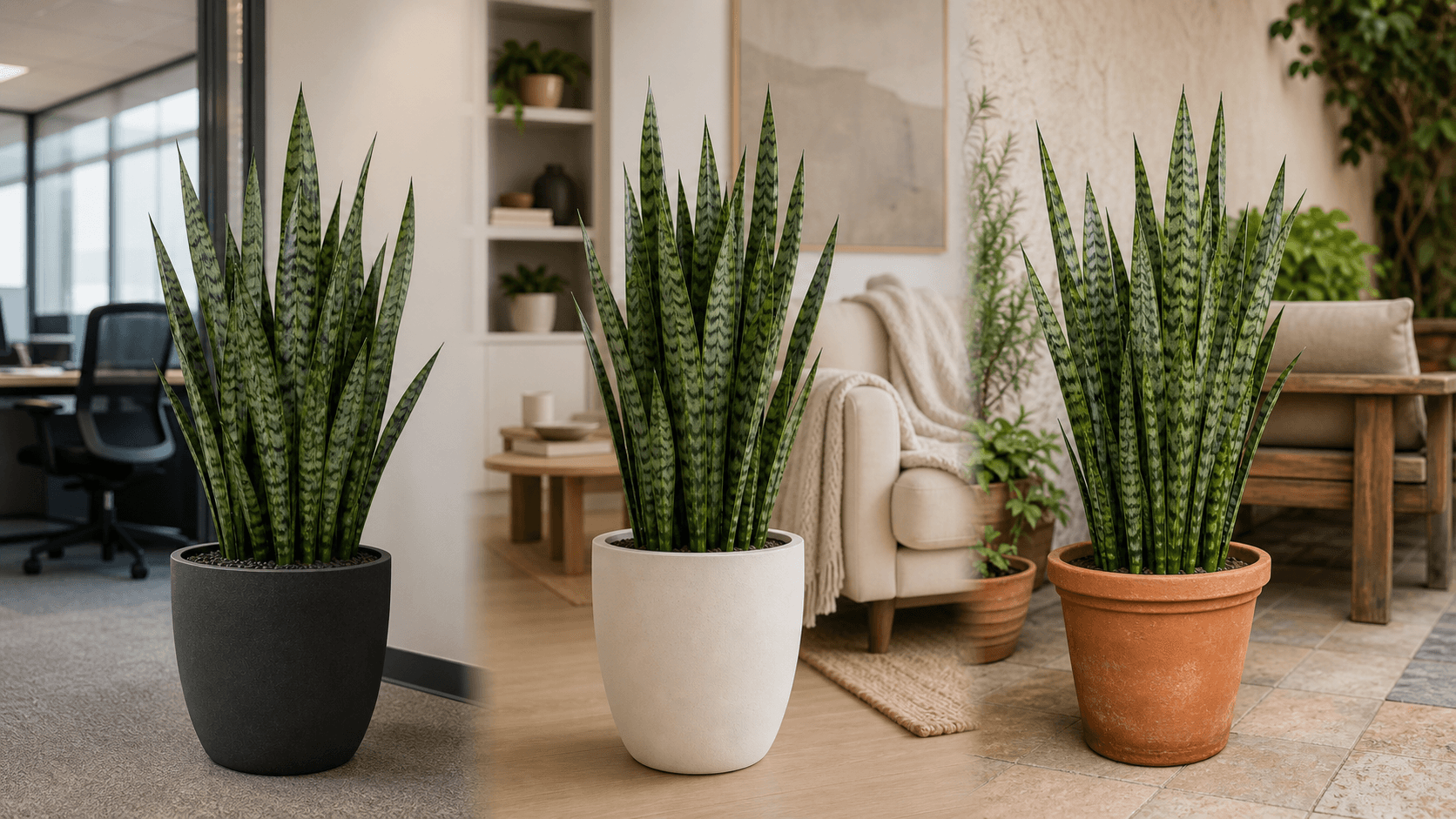 Snake Plant Zeylanica shown in three settings: Executive office, Refined living room, Bright conservatory