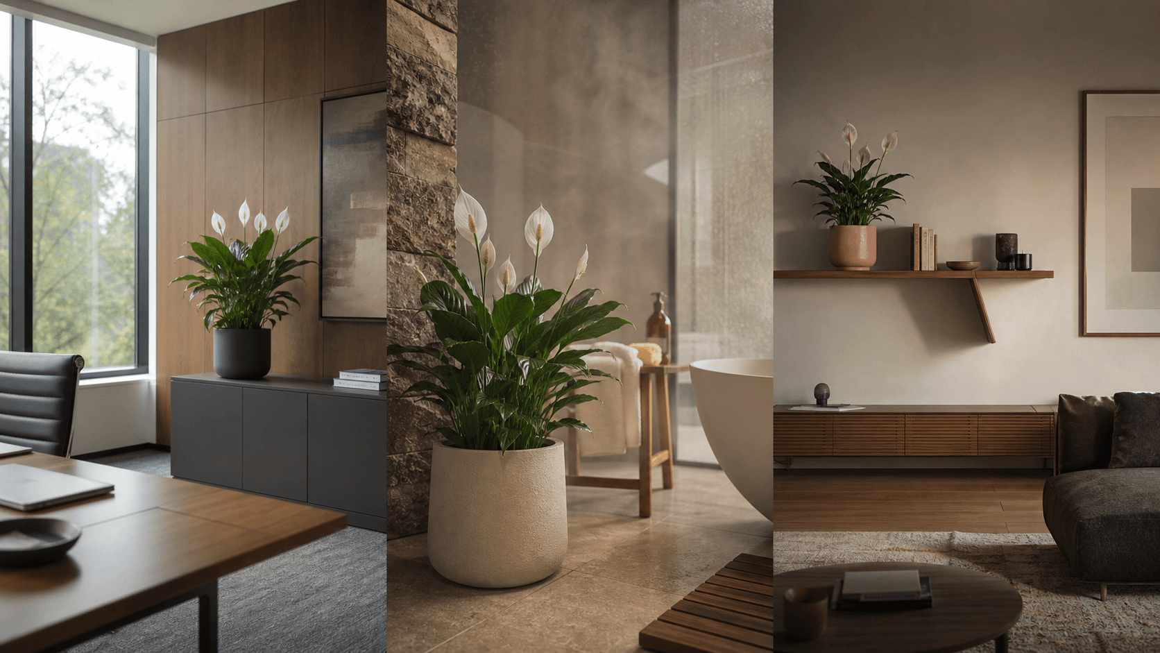 Peace Lily shown in three settings: Refined living room, Bright architectural entryway, Sheltered patio