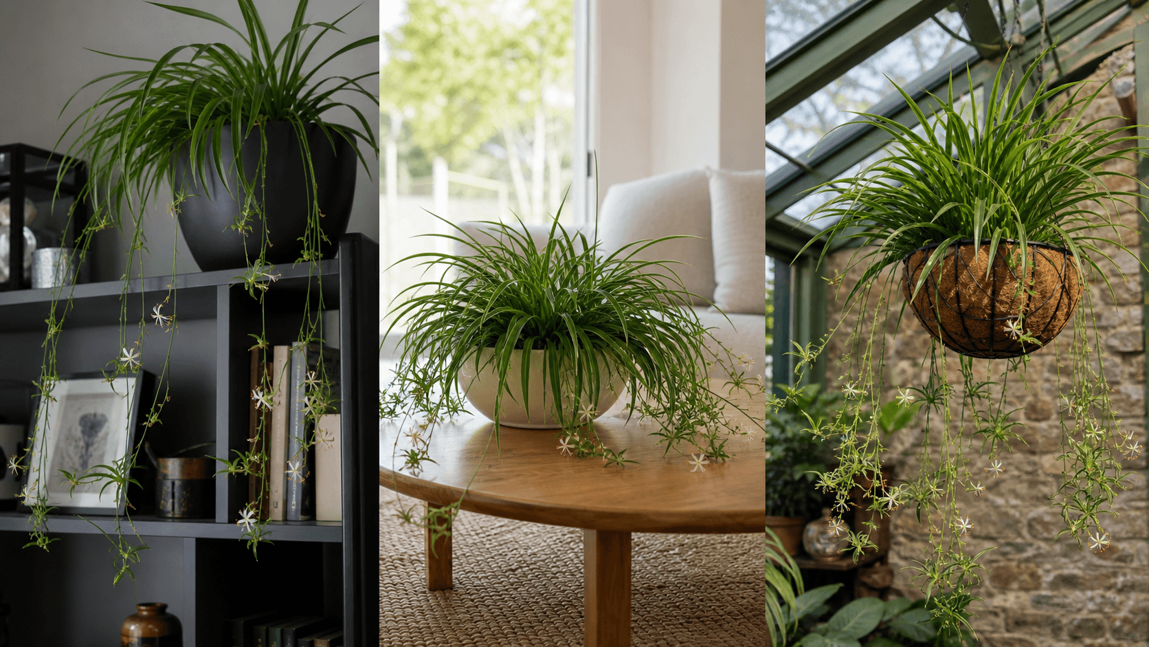 spider plant shown in three settings: Executive office, Refined living room, Bright conservatory
