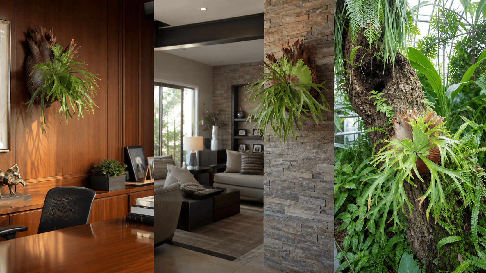 Staghorn Fern shown in three settings: Spa bathroom, Shaded living room, Glass conservatory