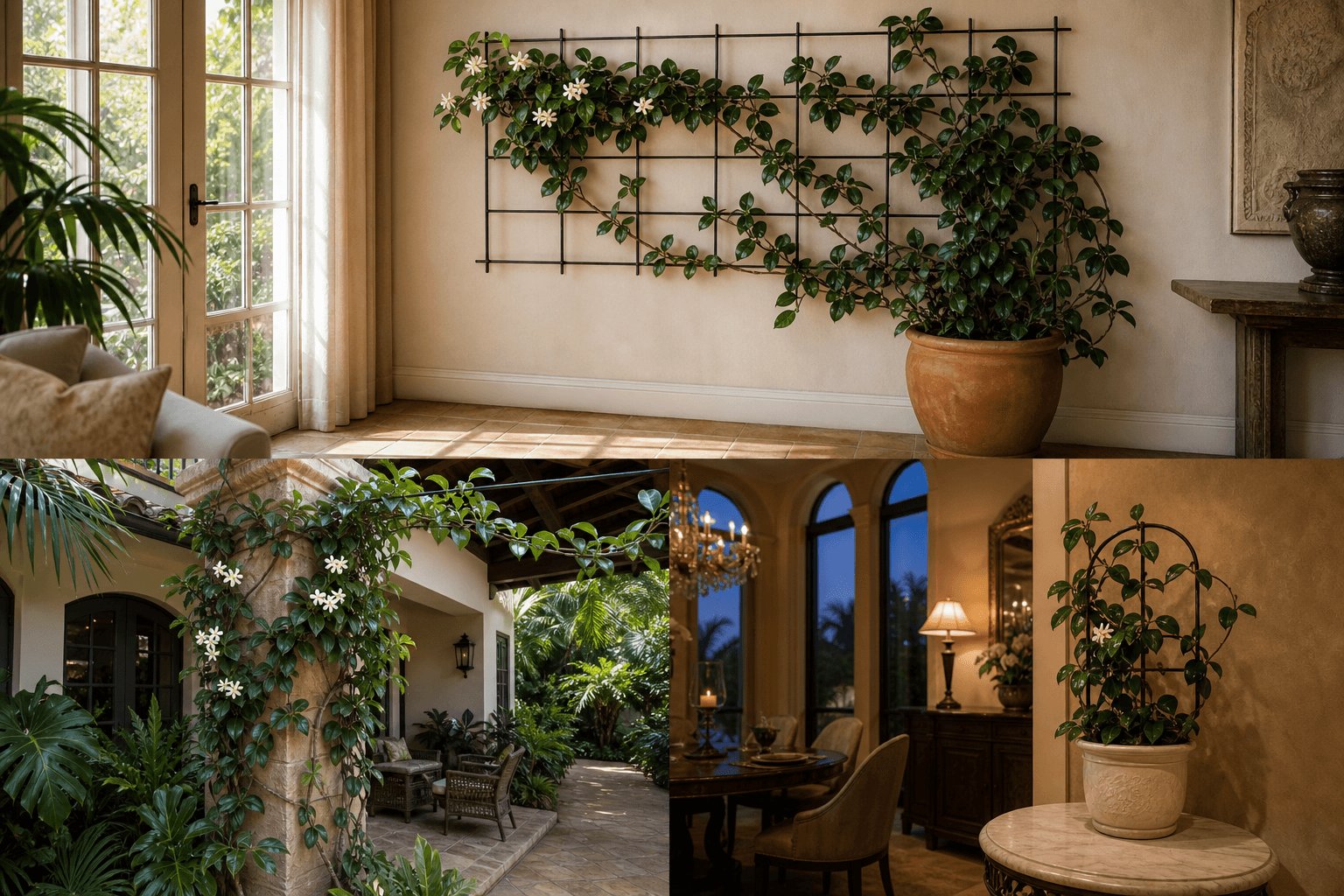 Madagascar Jasmine shown in three settings: Living room trellis, Architectural entryway support, Conservatory wall