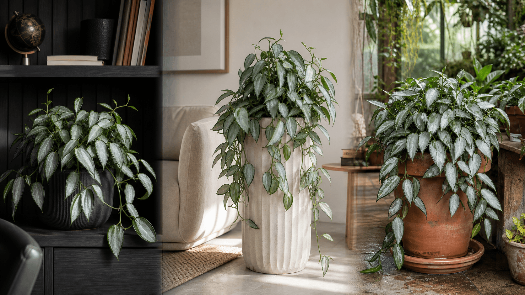 Sterling Silver Scindapsus shown in three settings: Executive office shelf, Living room hanging planter, Glass conservatory display