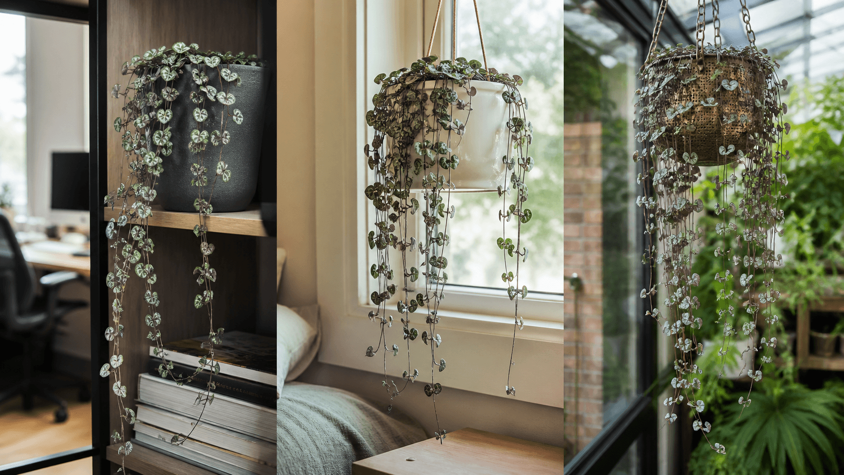 String of Hearts shown in three settings: Executive office shelf, Living room hanging planter, Glass conservatory display