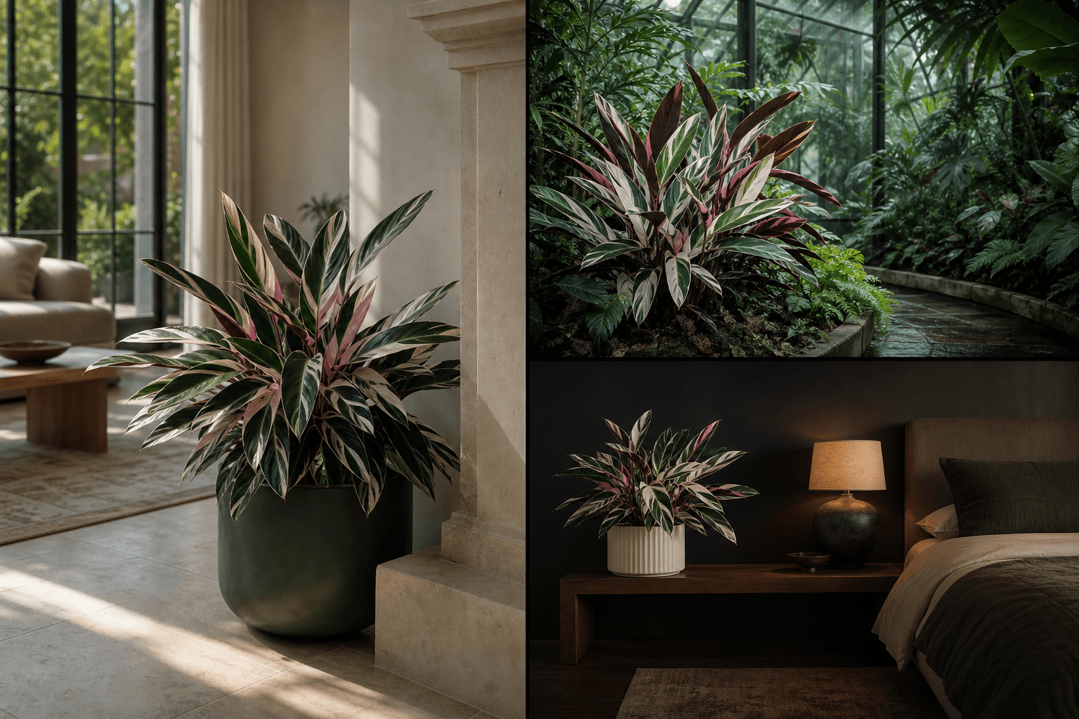 Sanguinea prayer plant shown in three settings: Executive office, Refined living room, Bright conservatory