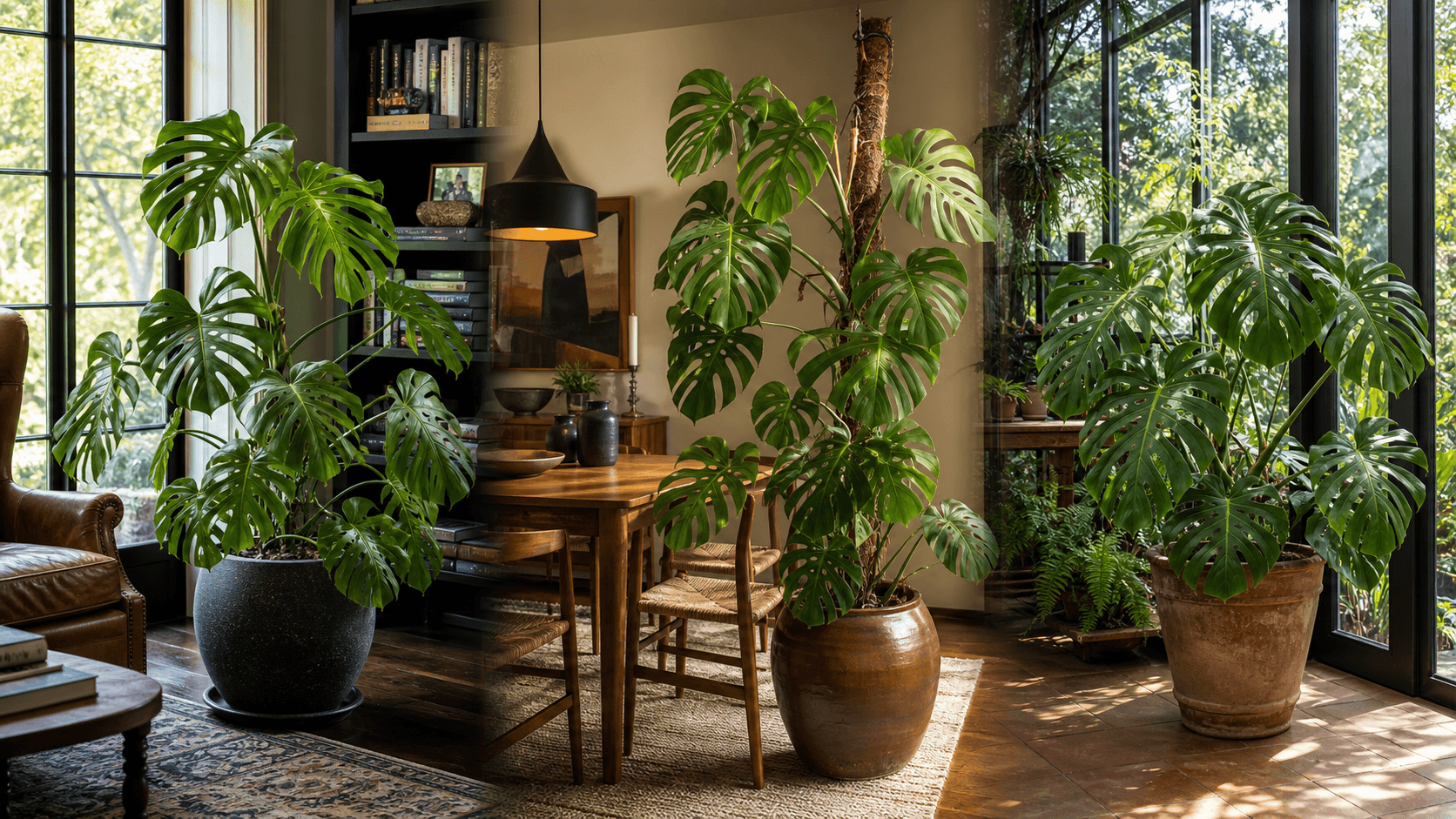 Swiss cheese plant shown in three settings: Living room trellis, Architectural entryway support, Conservatory wall