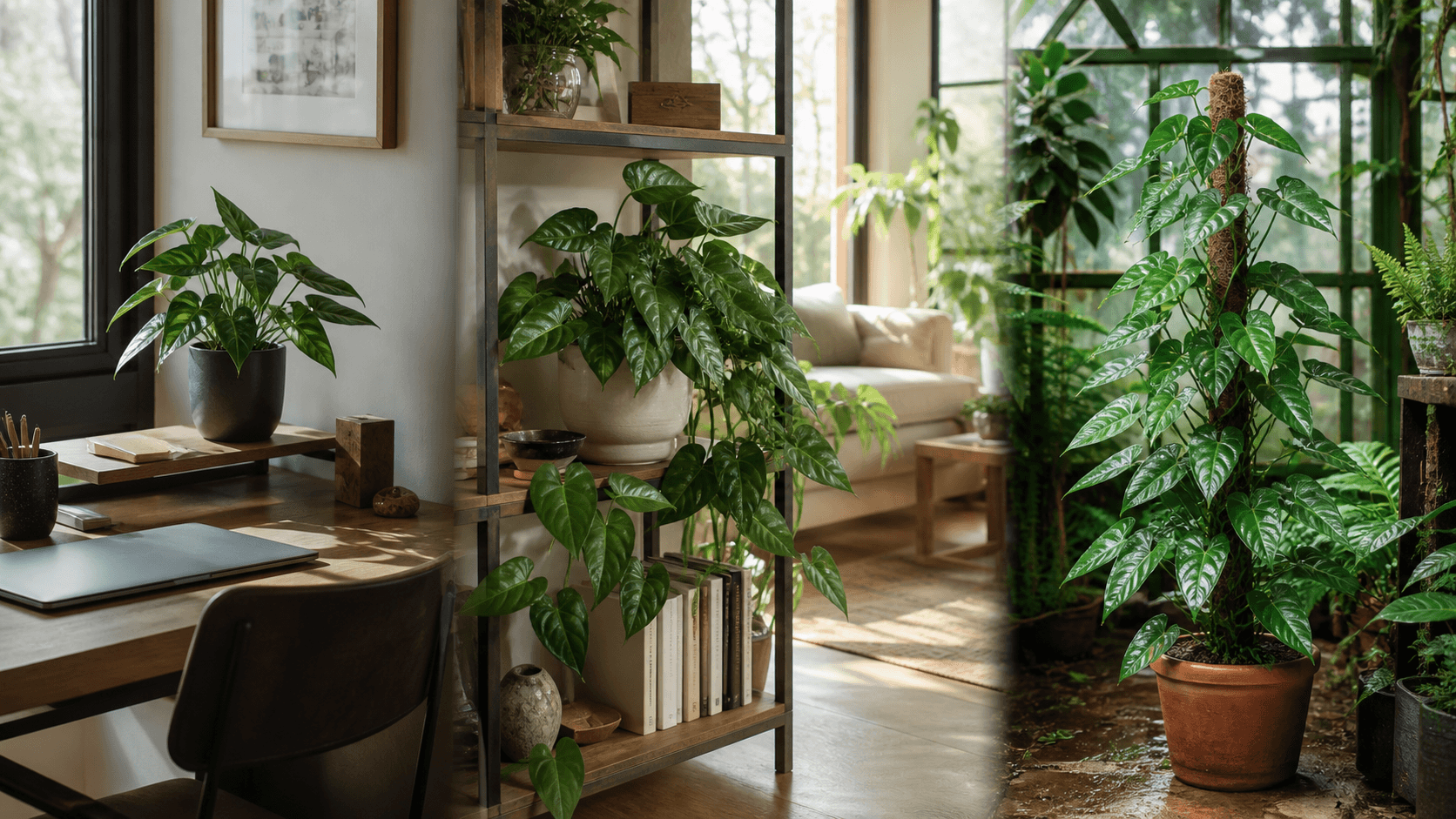 Syngonium / Arrowhead Plant shown in three settings: Executive office, Refined living room, Bright conservatory