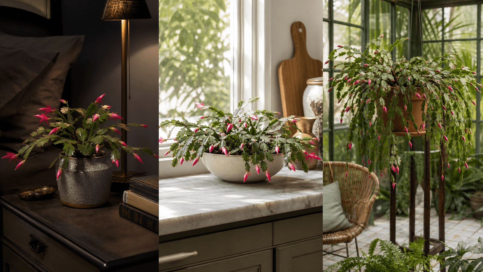 Thanksgiving cactus shown in three settings: Refined living room, Bright architectural entryway, Sheltered patio