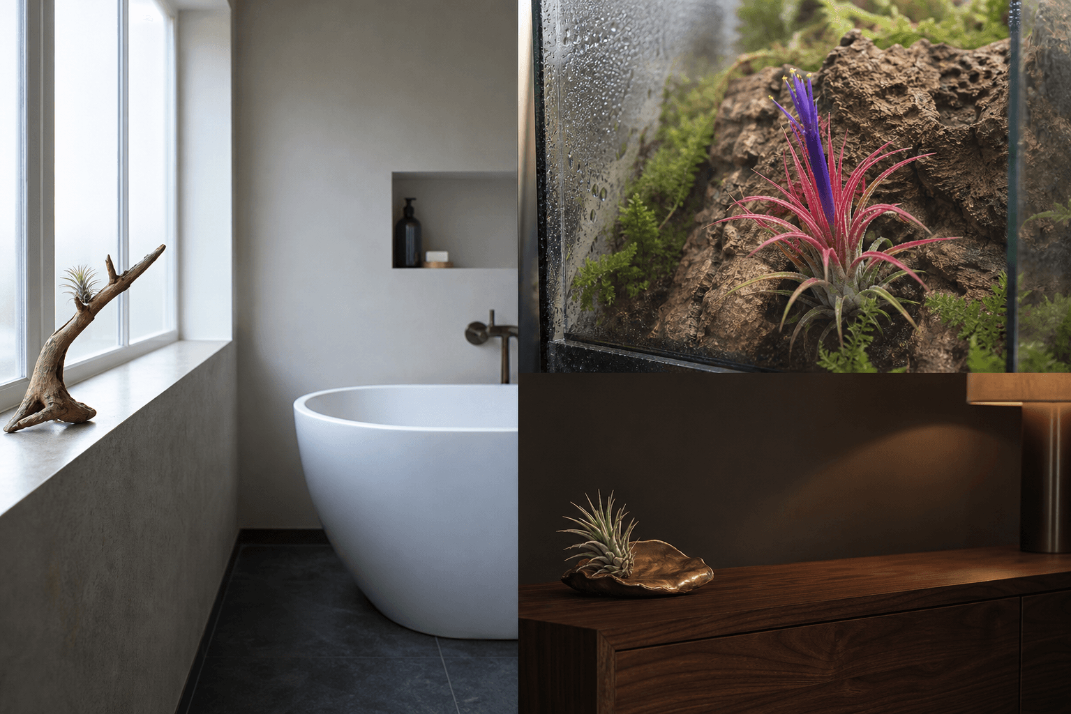 Ionantha air plant shown in three settings: Bright executive office, Modern living room, Sheltered patio