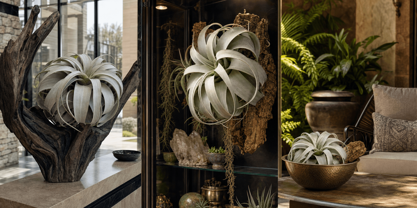 King air plant shown in three settings: Bright executive office, Modern living room, Sheltered patio