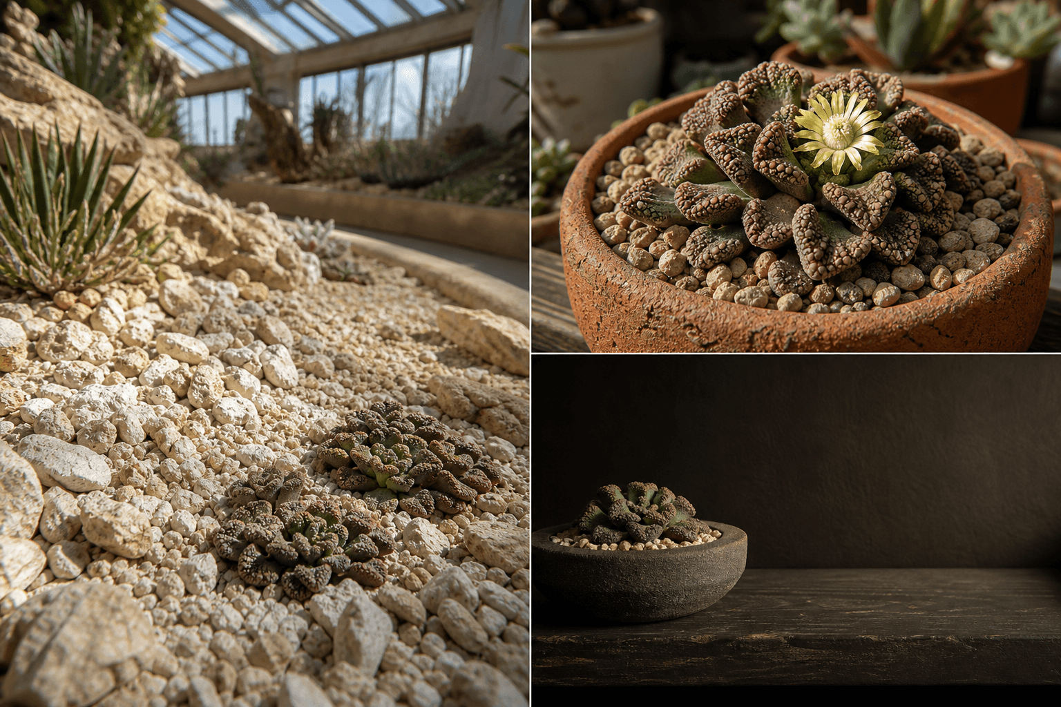 Calcarea jewel-leaf succulent shown in three settings: Bright executive office, Modern living room, Sheltered patio