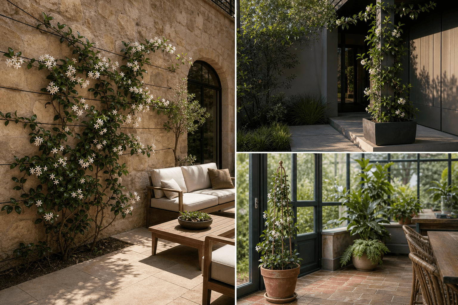 Star Jasmine shown in three settings: Living room trellis, Architectural entryway support, Conservatory wall