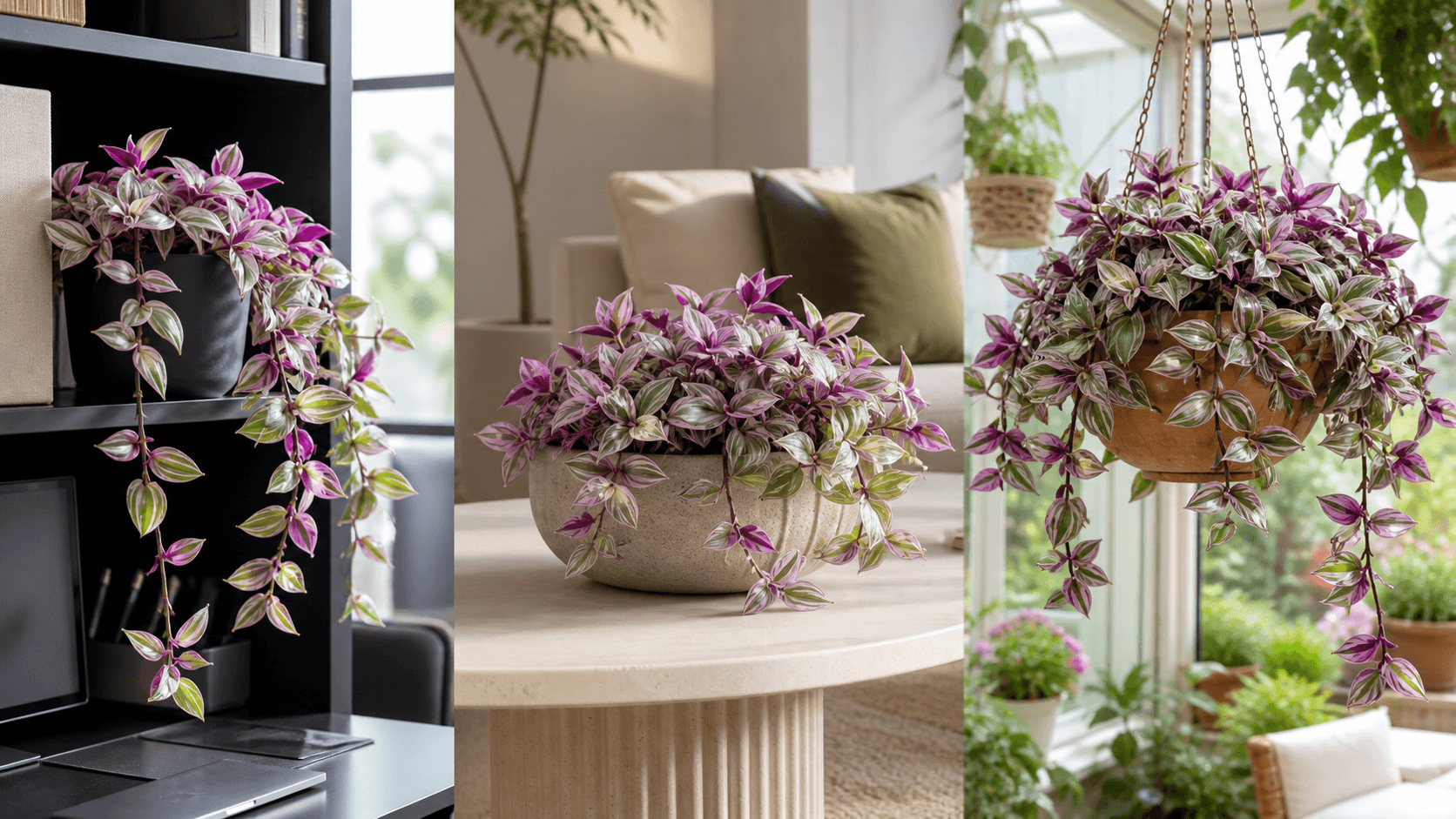 Tradescantia Nanouk shown in three settings: Executive office shelf, Living room hanging planter, Glass conservatory display