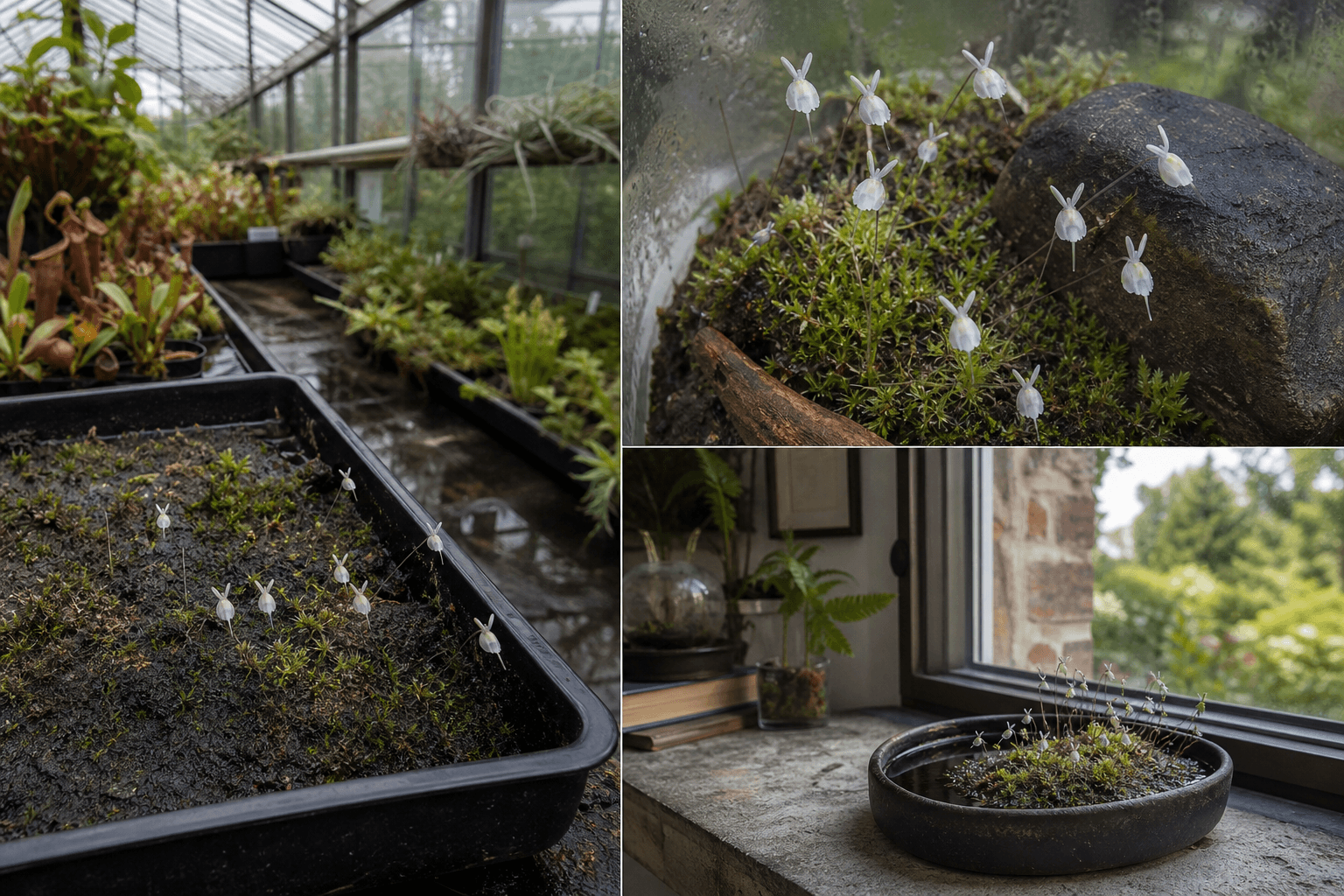 Sandersonii bladderwort shown in three settings: Bright executive office, Modern living room, Sheltered patio