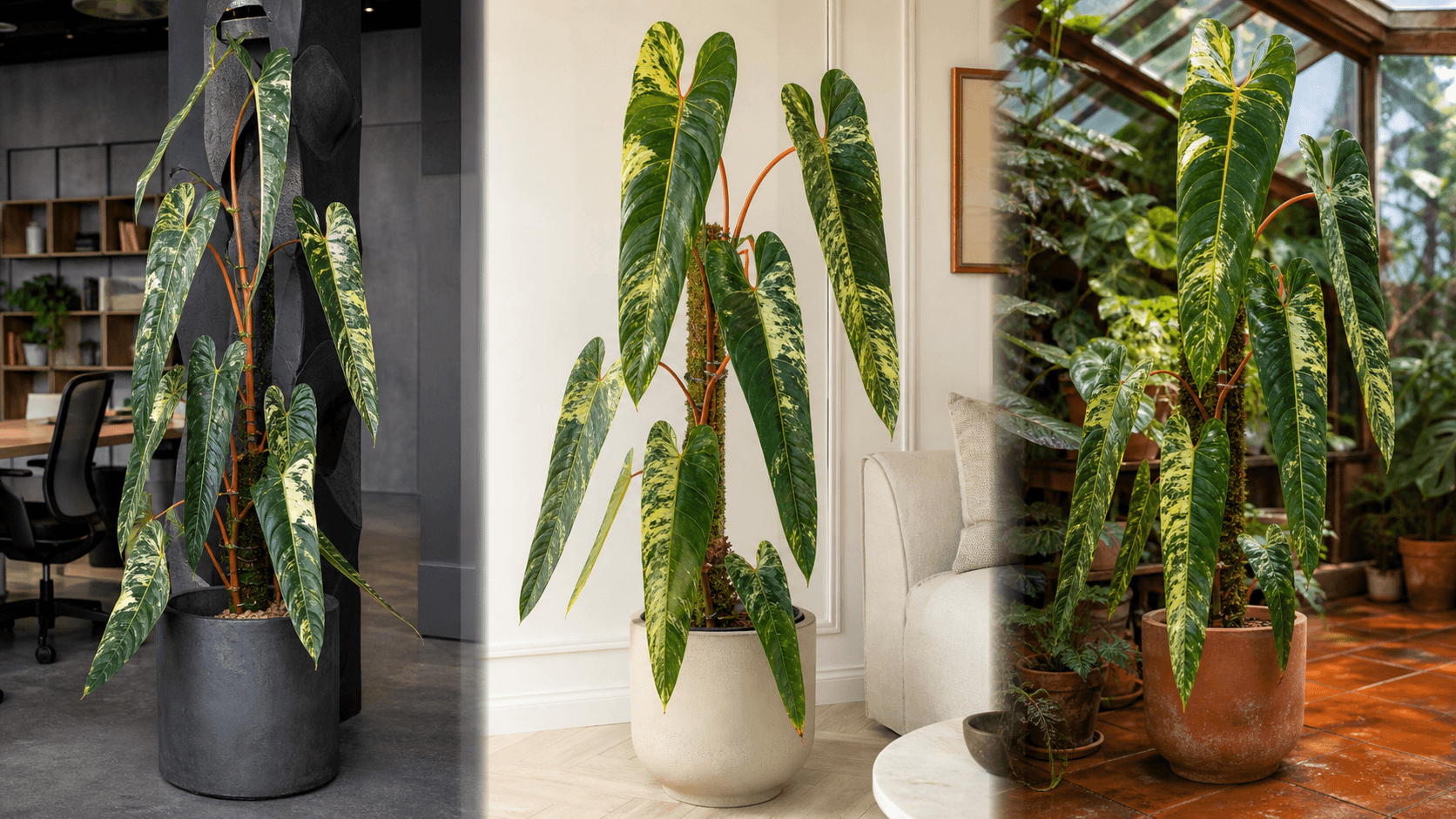 Variegated Billietiae Philodendron shown in three settings: Living room trellis, Architectural entryway support, Conservatory wall