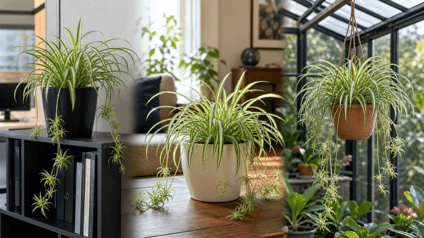 variegated spider plant shown in three settings: Executive office, Refined living room, Bright conservatory