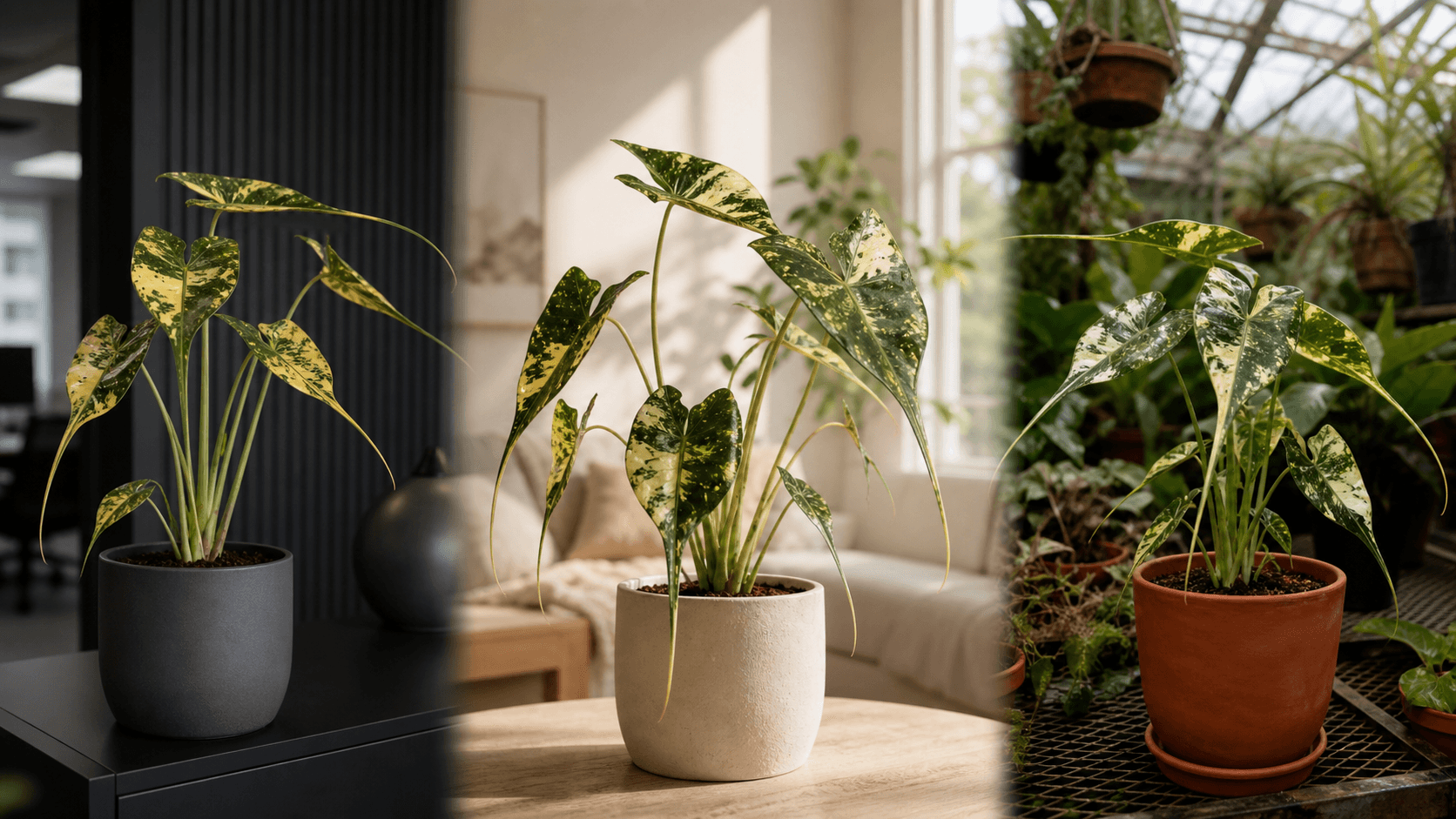 Variegated Stingray Alocasia shown in three settings: Executive office, Refined living room, Bright conservatory